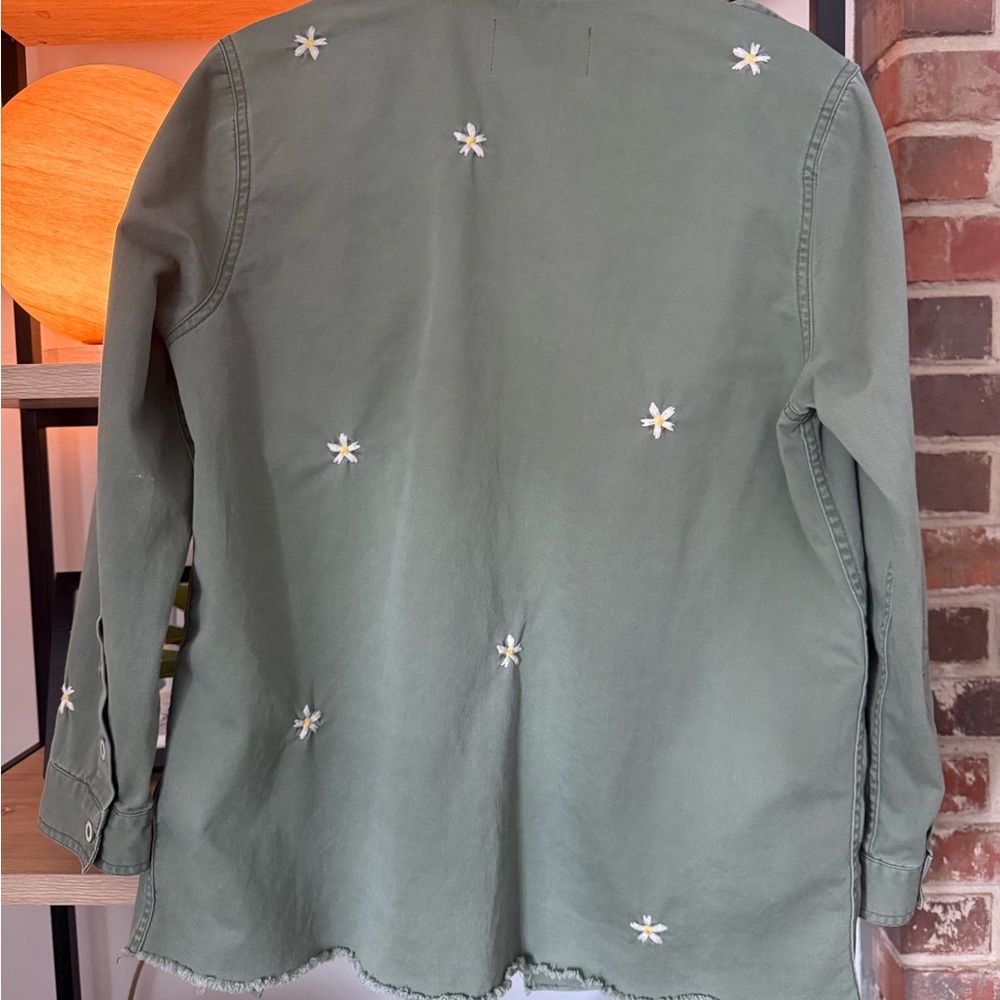 Embroidered Olive Green Utility Jacket with Flowers- Women - Picture 2 of 7